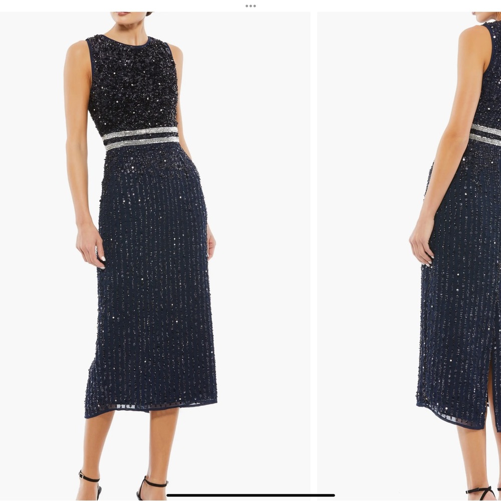Mac Duggal Navy Beaded Midi Dress with Silver Waistband
